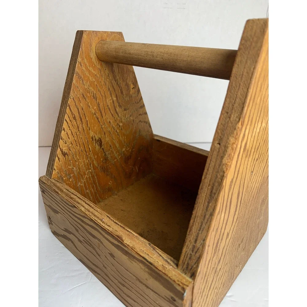 Vintage Handcrafted Wooden Tool Caddy Garden Tote Rustic Farmhouse Storage Box